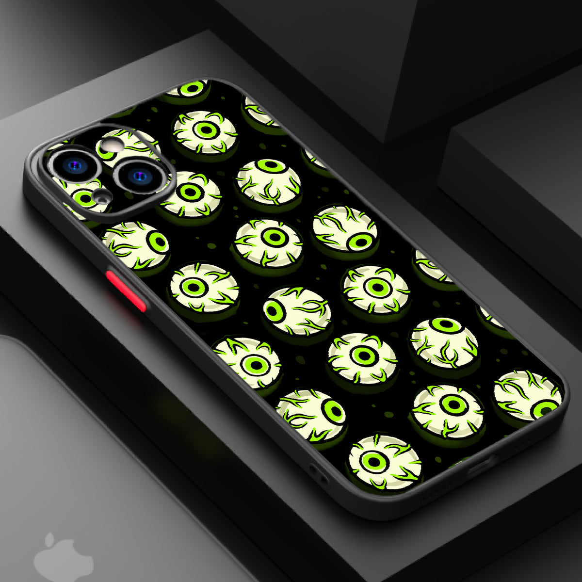 Repeating pattern of cartoonish, glowing green eyes with black pupils on a dark background.