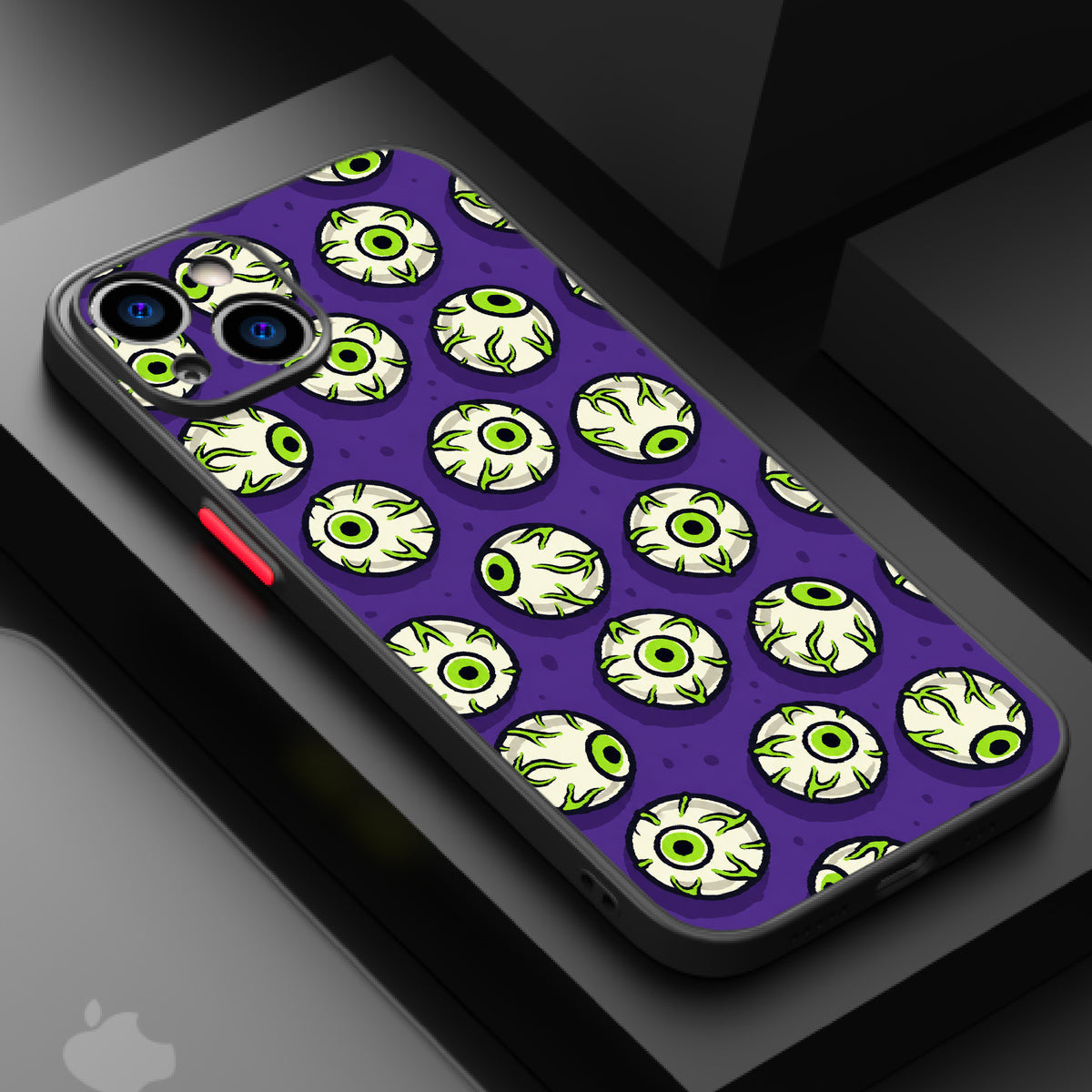 Repeating pattern of cartoon eyes with green irises and wavy lines on a purple background.