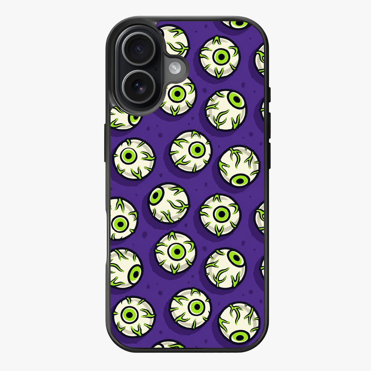 Repeating pattern of cartoon eyes with green irises and wavy lines on a purple background.