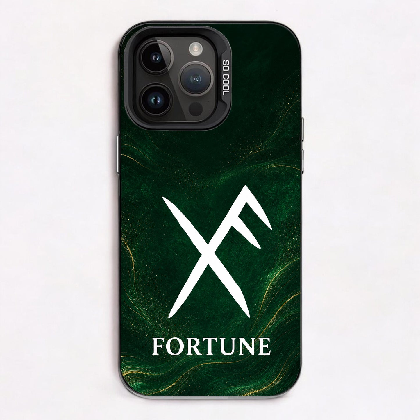 Stylized 'F' symbol on dark green background with swirling gold accents and the word 'FORTUNE' below it.