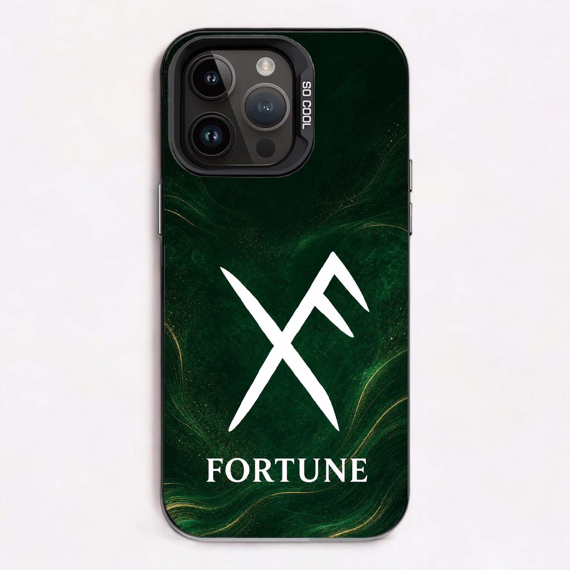Stylized 'F' symbol on dark green background with swirling gold accents and the word 'FORTUNE' below it.