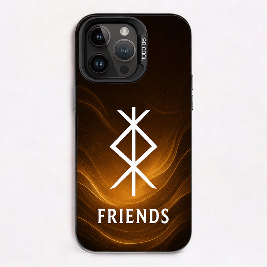 White geometric symbol with 'FRIENDS' text over abstract gold and black background.