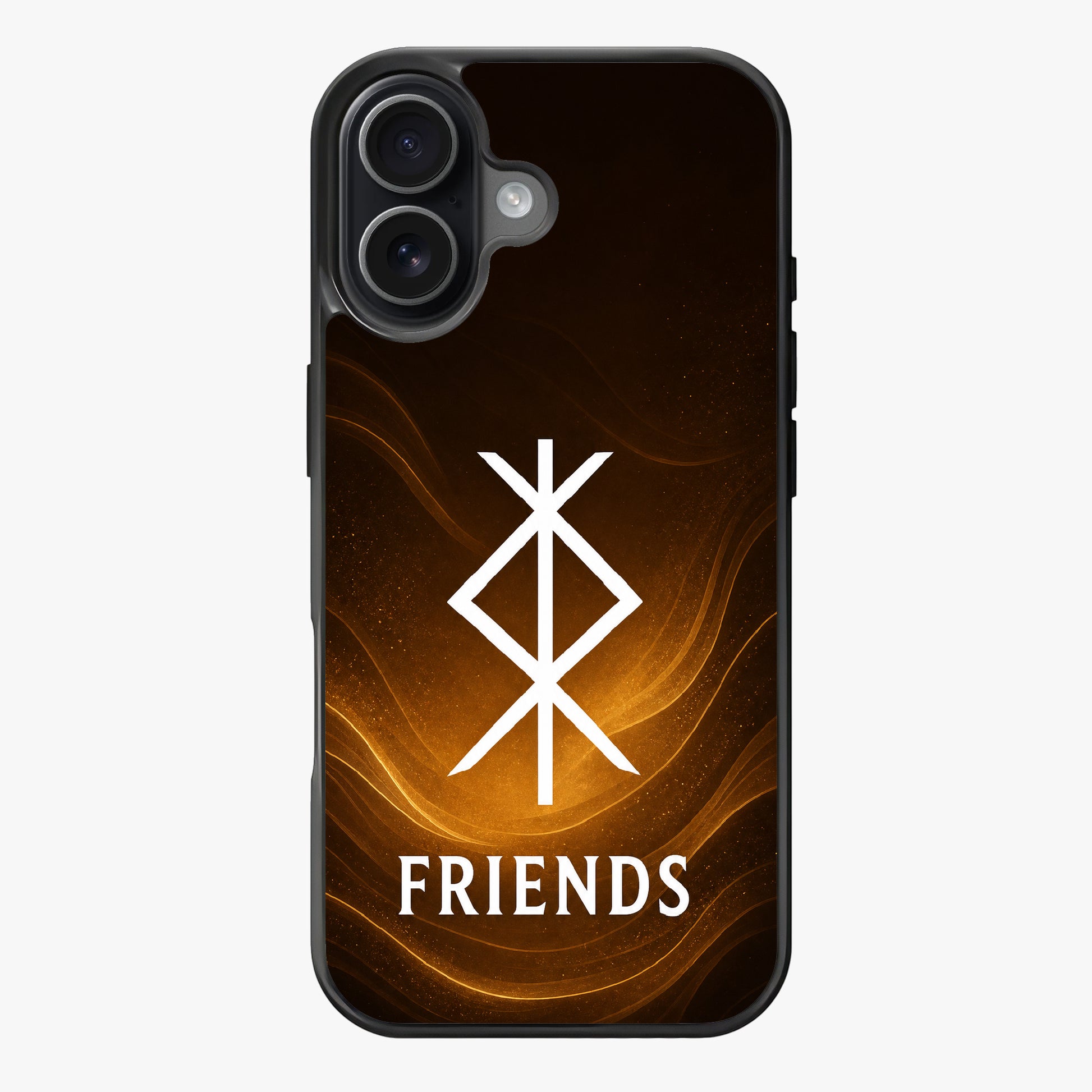 White geometric symbol with 'FRIENDS' text over abstract gold and black background.