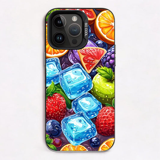 Cartoon-style illustration of various fruits and ice cubes in bright, vivid colors.