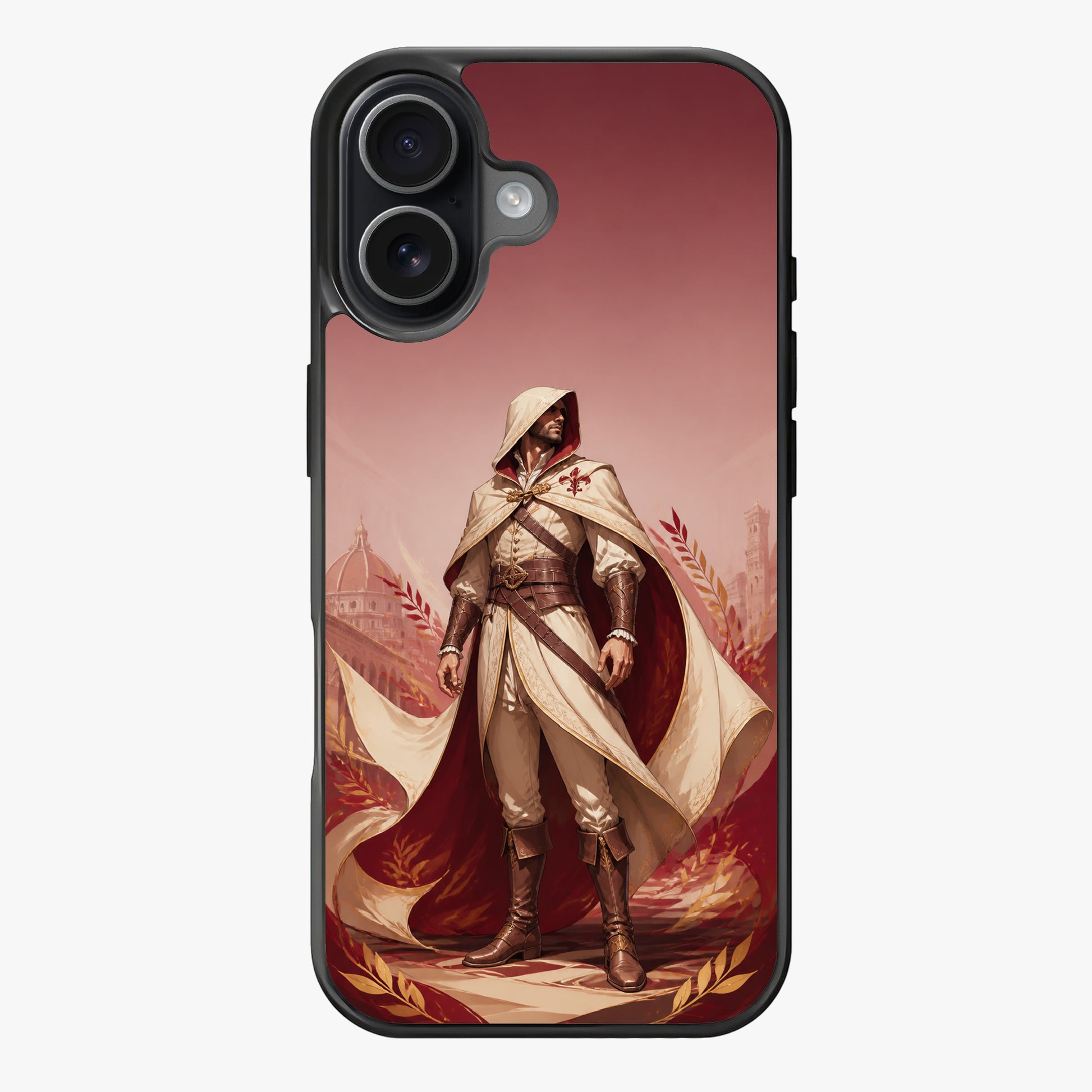 Illustration of an assassin in Florentine attire with red cape and golden laurels.
