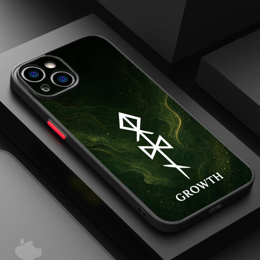 Stylized rune symbol with 'GROWTH' text on dark green background with golden swirls.