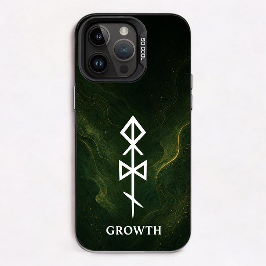 Stylized rune symbol with 'GROWTH' text on dark green background with golden swirls.