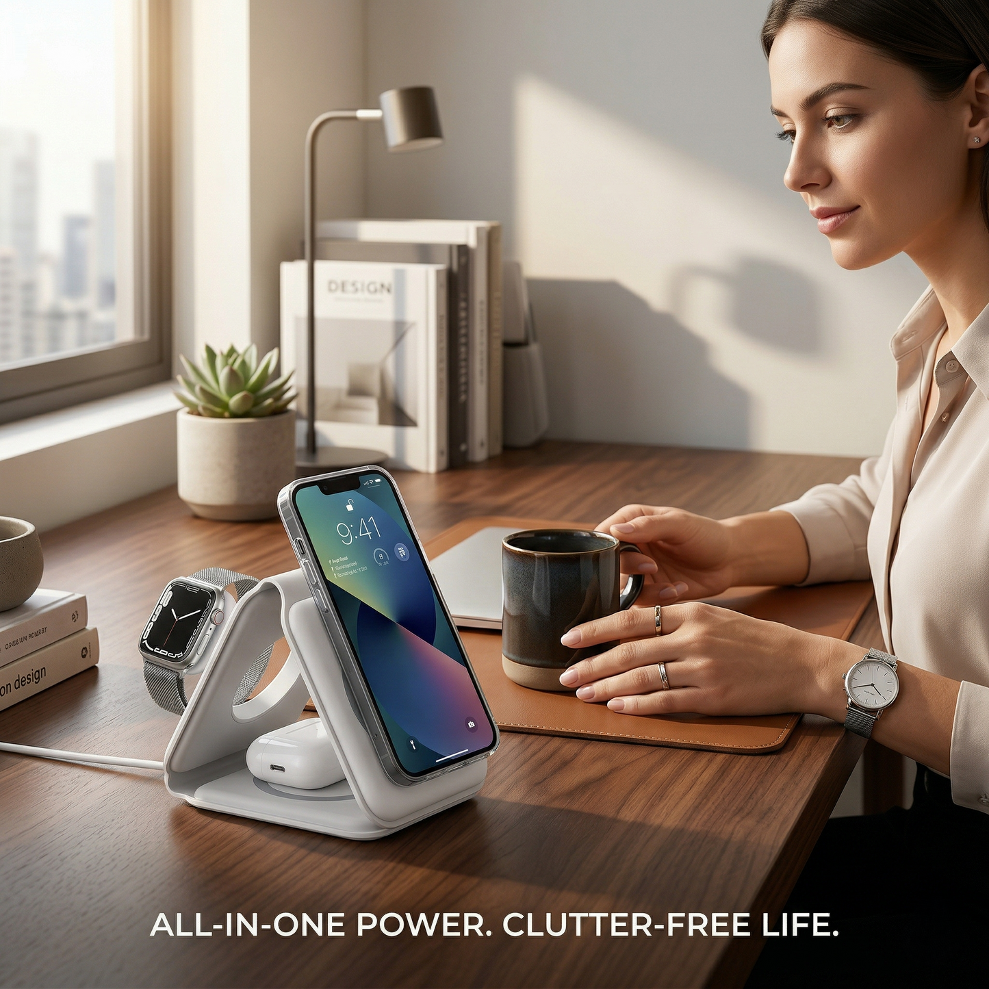 Woman using a smartphone on a desk with a charging station, books, and a plant in the background.