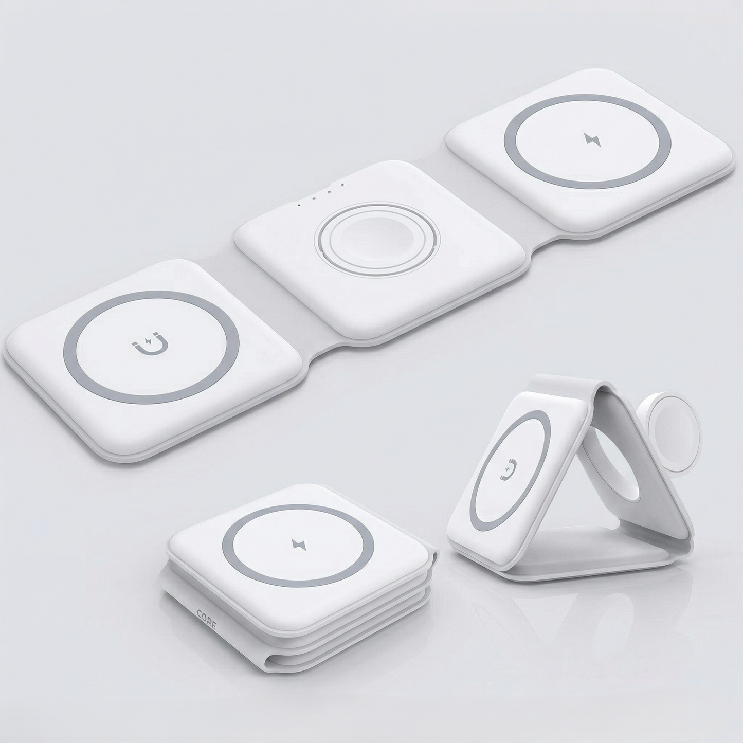 Set of white wireless charging pads on a light gray background