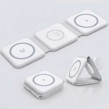 Set of white wireless charging pads on a light gray background