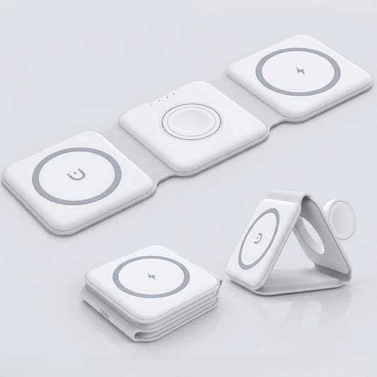 Set of white wireless charging pads on a light gray background