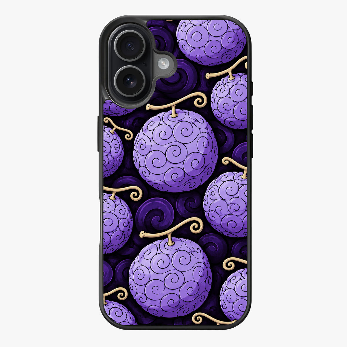 Repeating pattern of purple spherical objects with swirling patterns and golden stems.