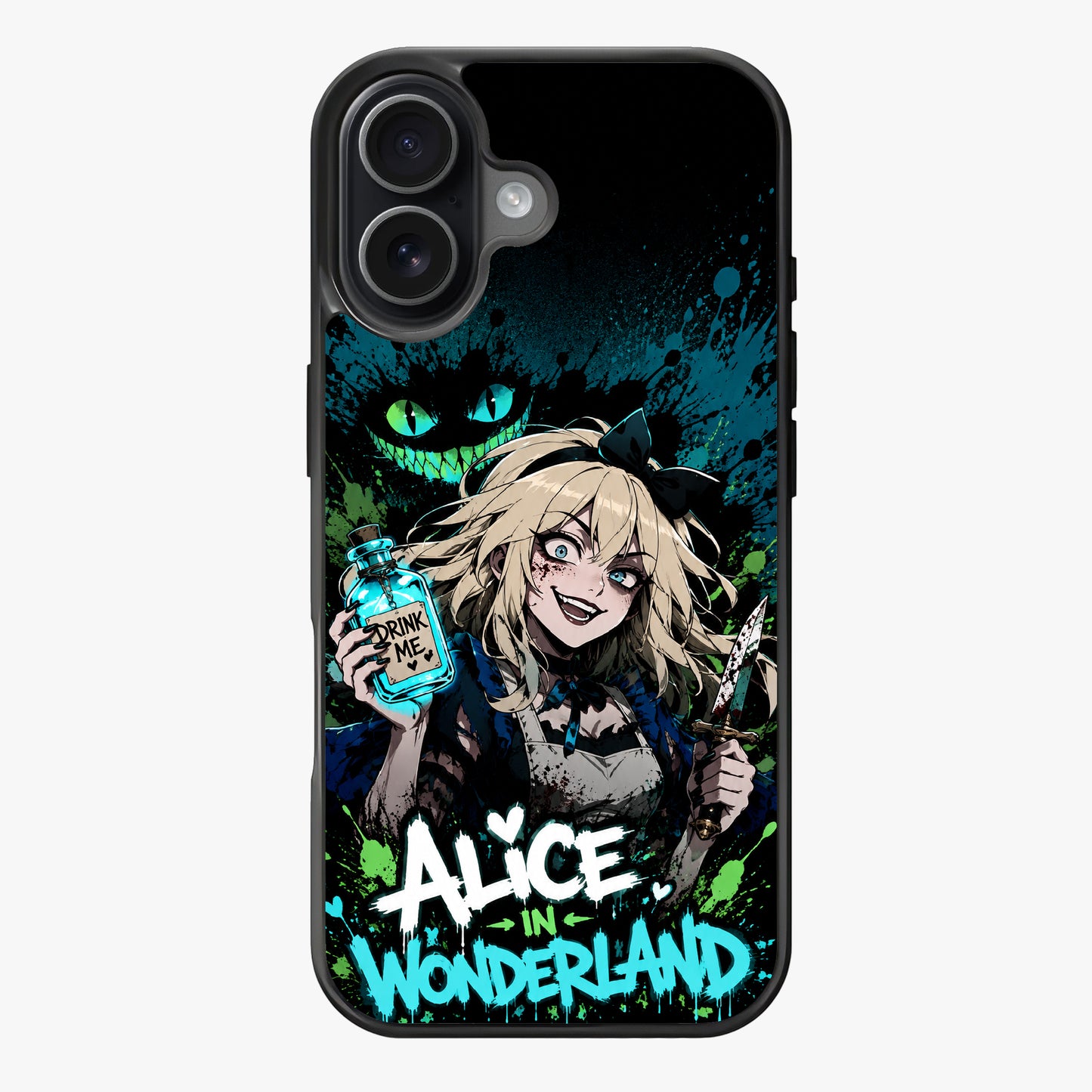 A character holding a 'Drink Me' bottle and a knife, with a Cheshire Cat's eyes in the background, against a dark splatter-style backdrop.