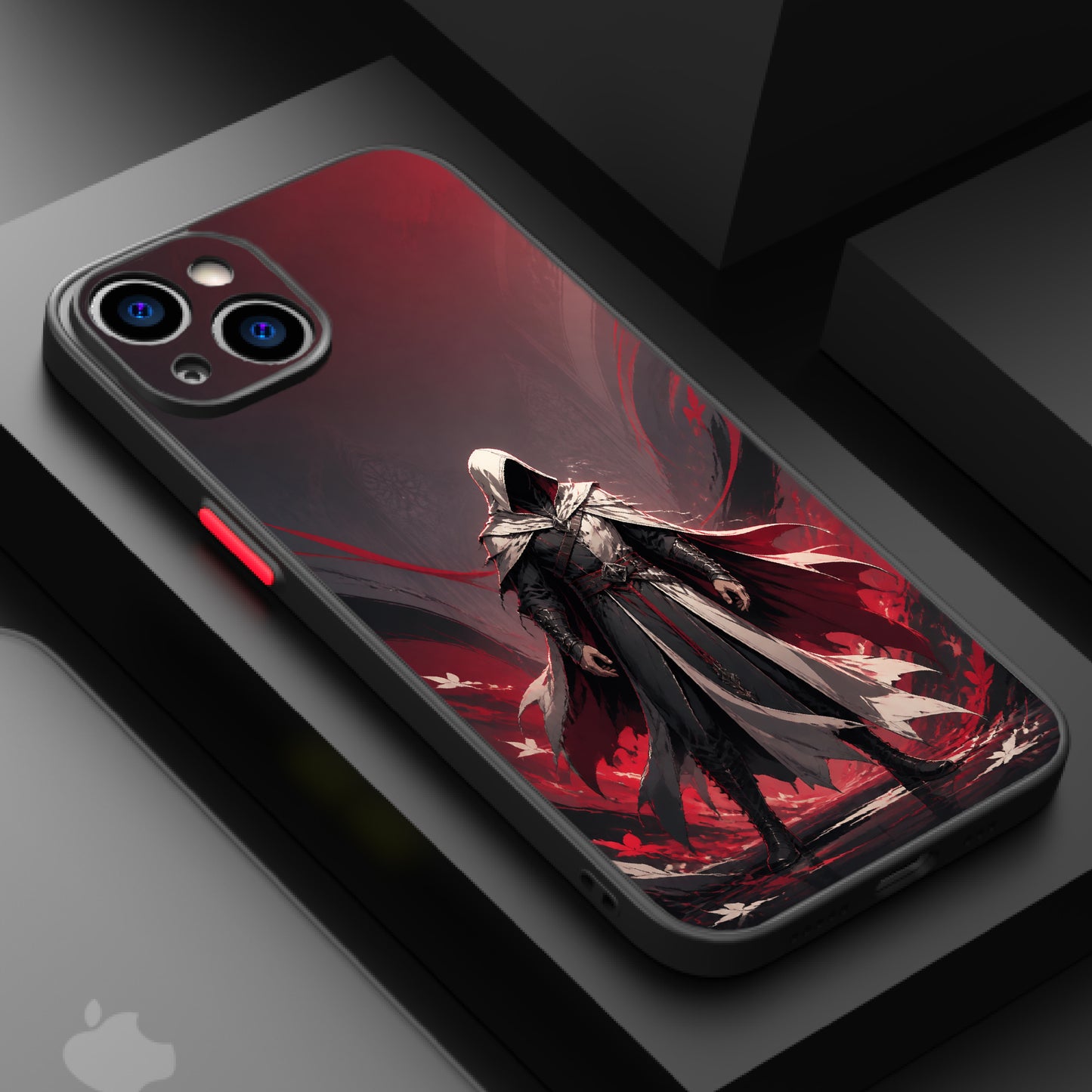 A hooded figure in a dark cloak stands against a red and black background with swirling patterns.