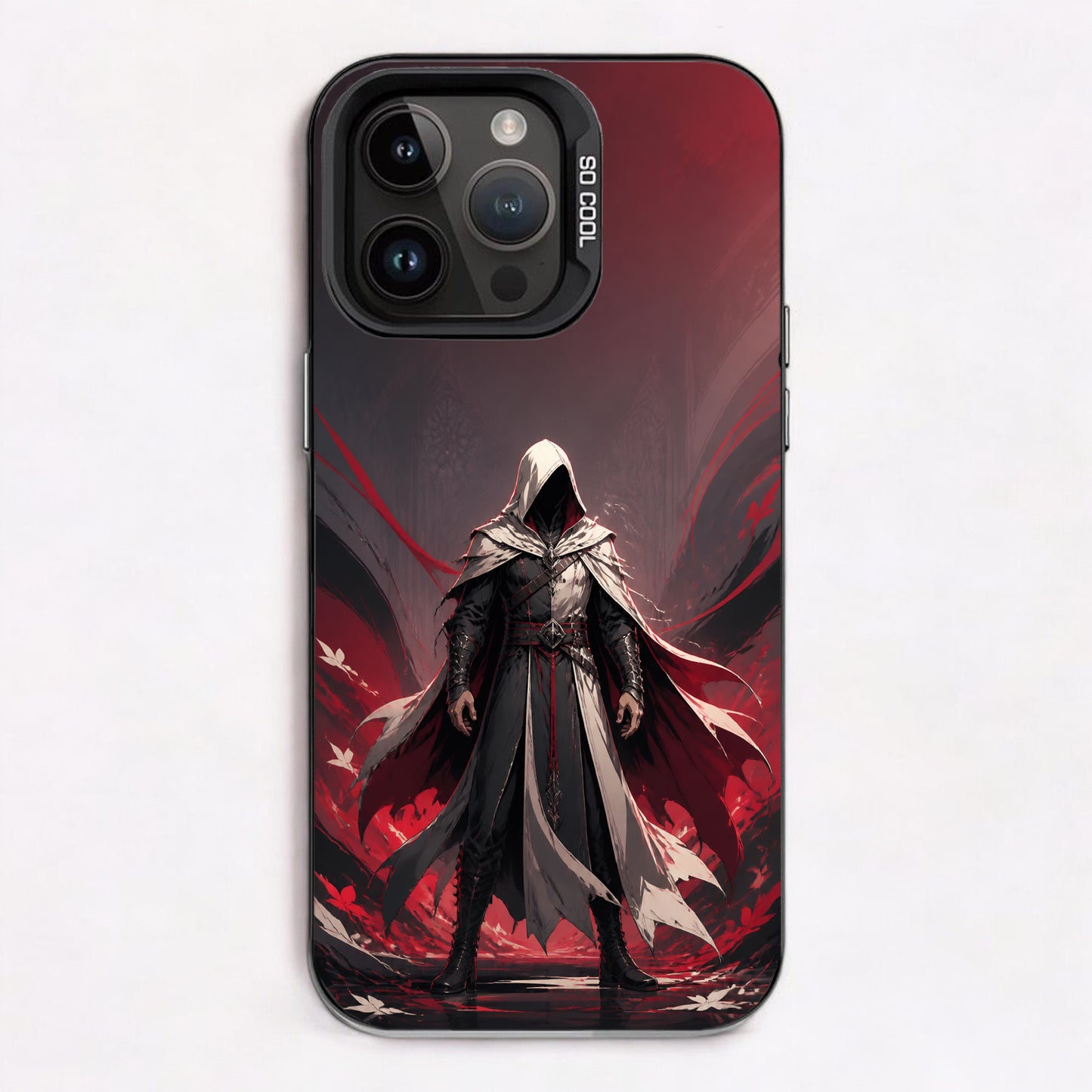 A hooded figure in a dark cloak stands against a red and black background with swirling patterns.
