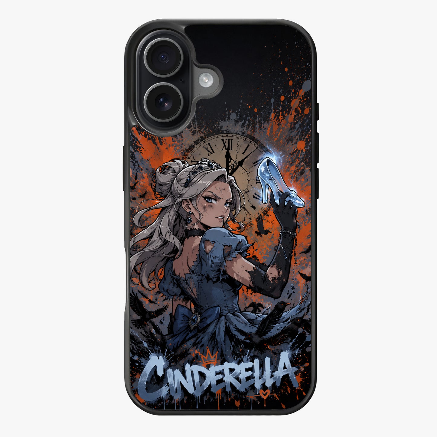 A gothic Cinderella artwork featuring a woman in a tattered blue gown, holding a glowing glass slipper, surrounded by crows and a broken clock.