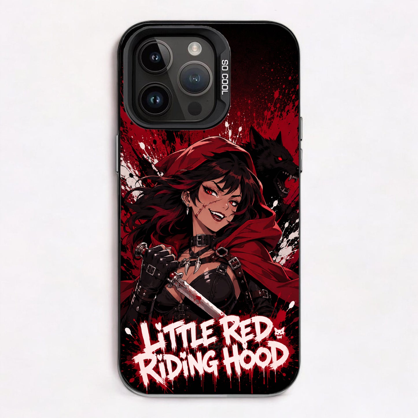 Gothic Little Red Riding Hood: a dark, horror-themed design featuring a wolf and splashes of red blood.