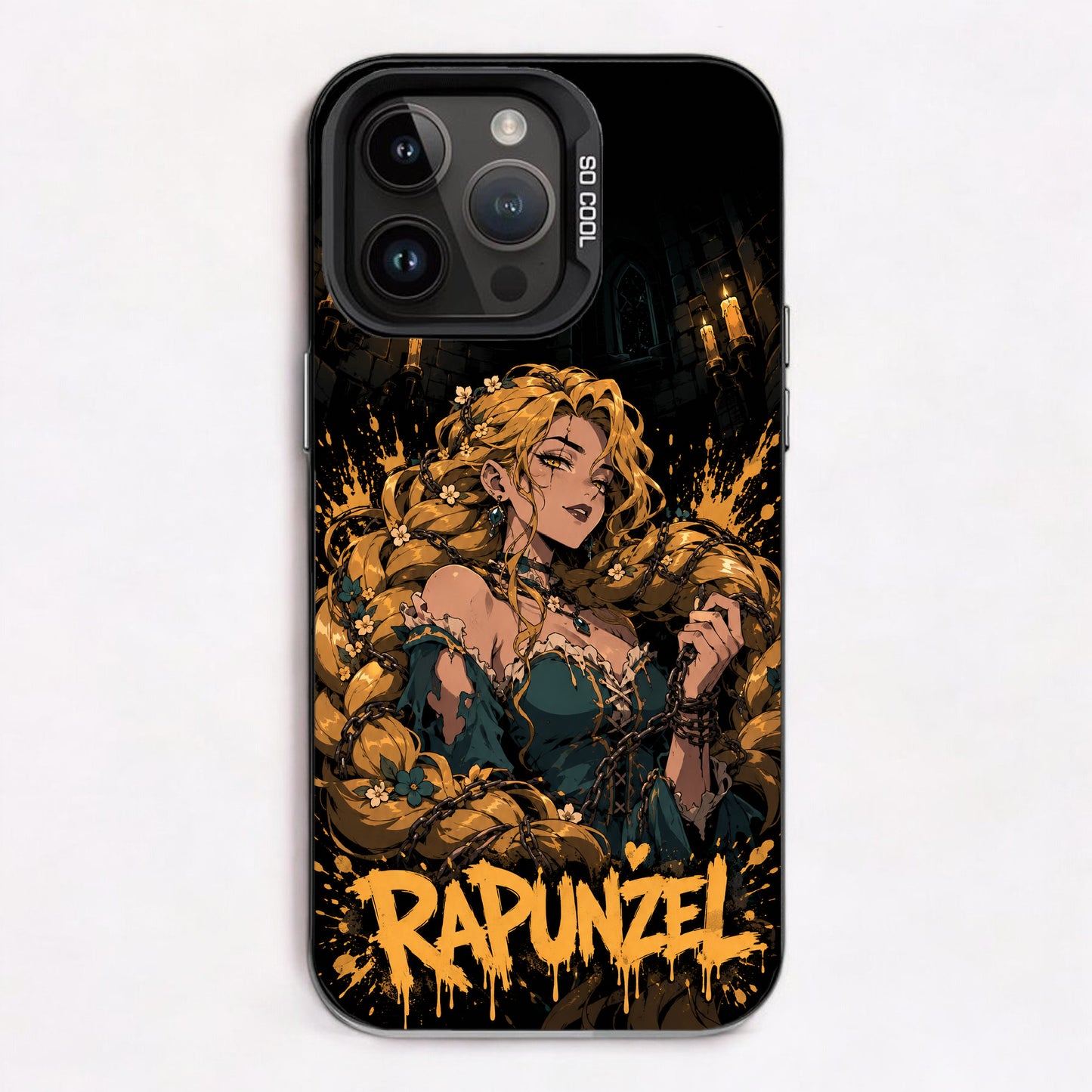 Gothic Rapunzel: a dark, gothic interpretation of the fairy tale character with chains and floral accents.