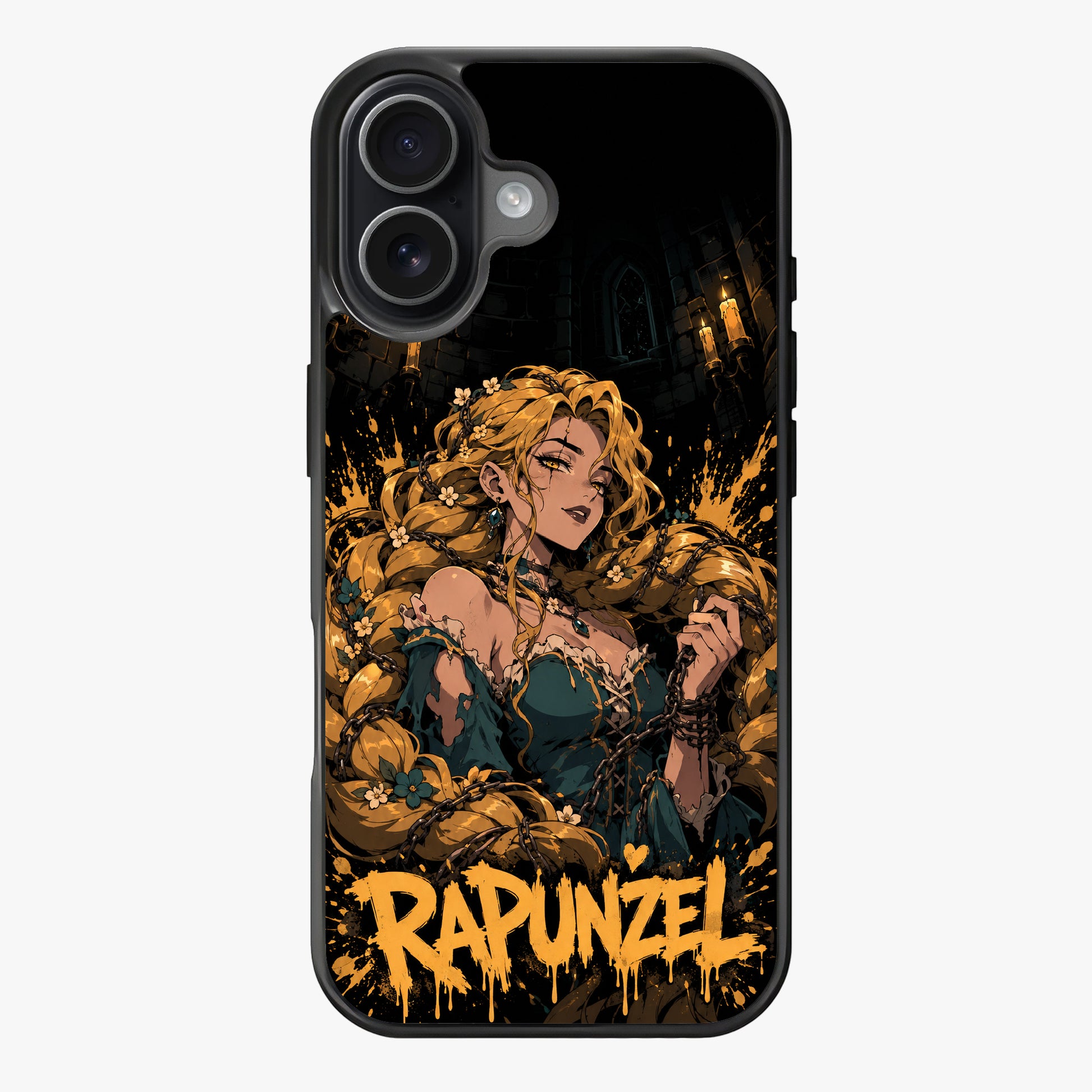 Gothic Rapunzel: a dark, gothic interpretation of the fairy tale character with chains and floral accents.