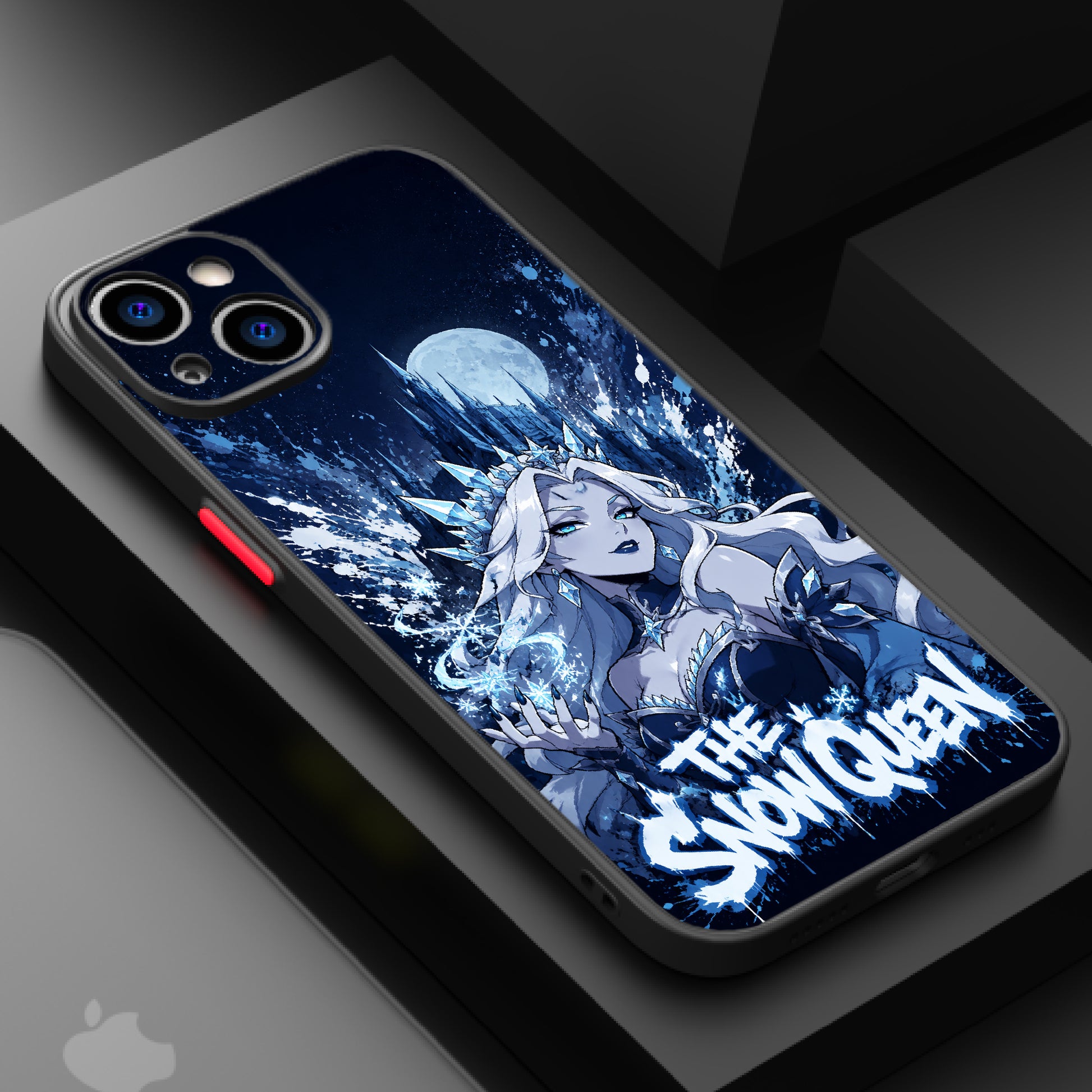 Regal ice queen with snowflake crown and dark castle backdrop.