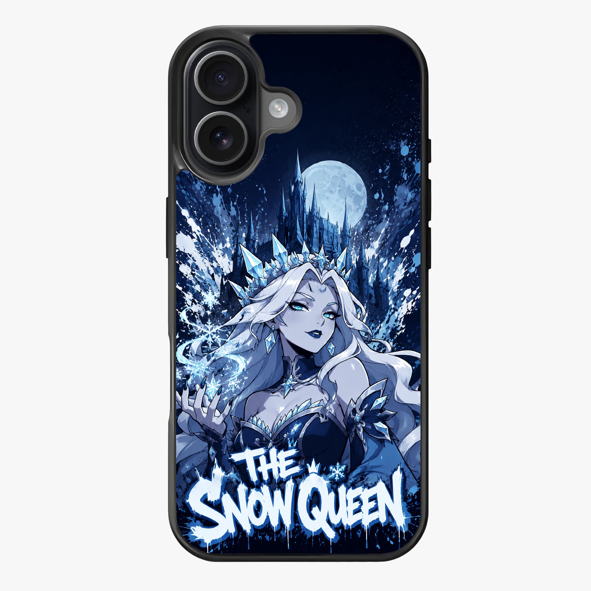 Regal ice queen with snowflake crown and dark castle backdrop.