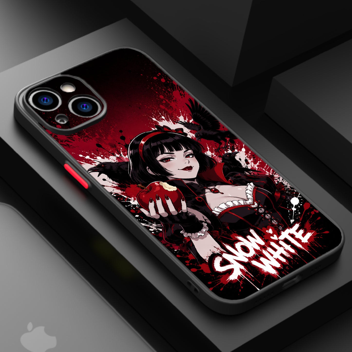 Dark, gothic Snow White holding a bitten apple with ravens and blood splatters in the background.