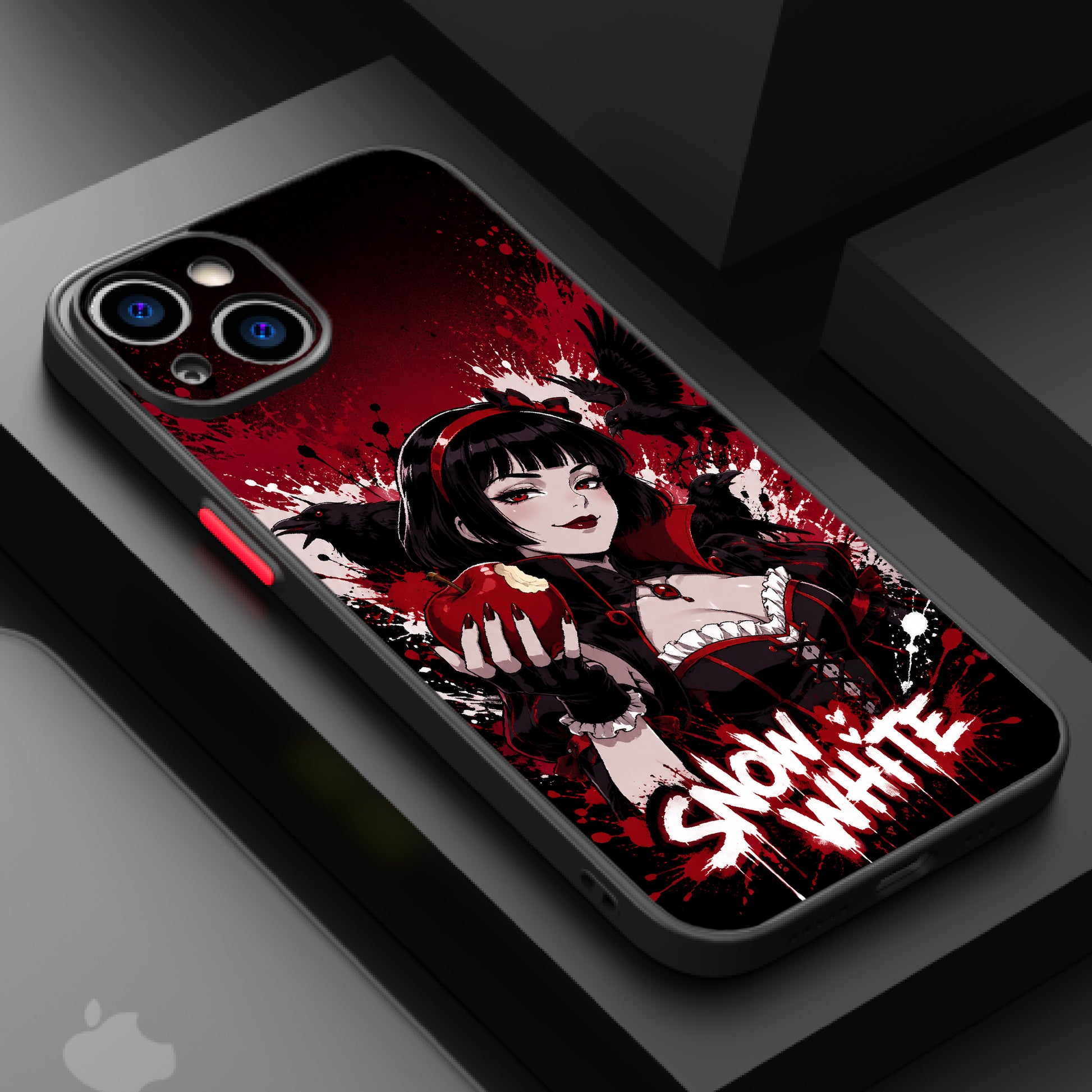 Dark, gothic Snow White holding a bitten apple with ravens and blood splatters in the background.