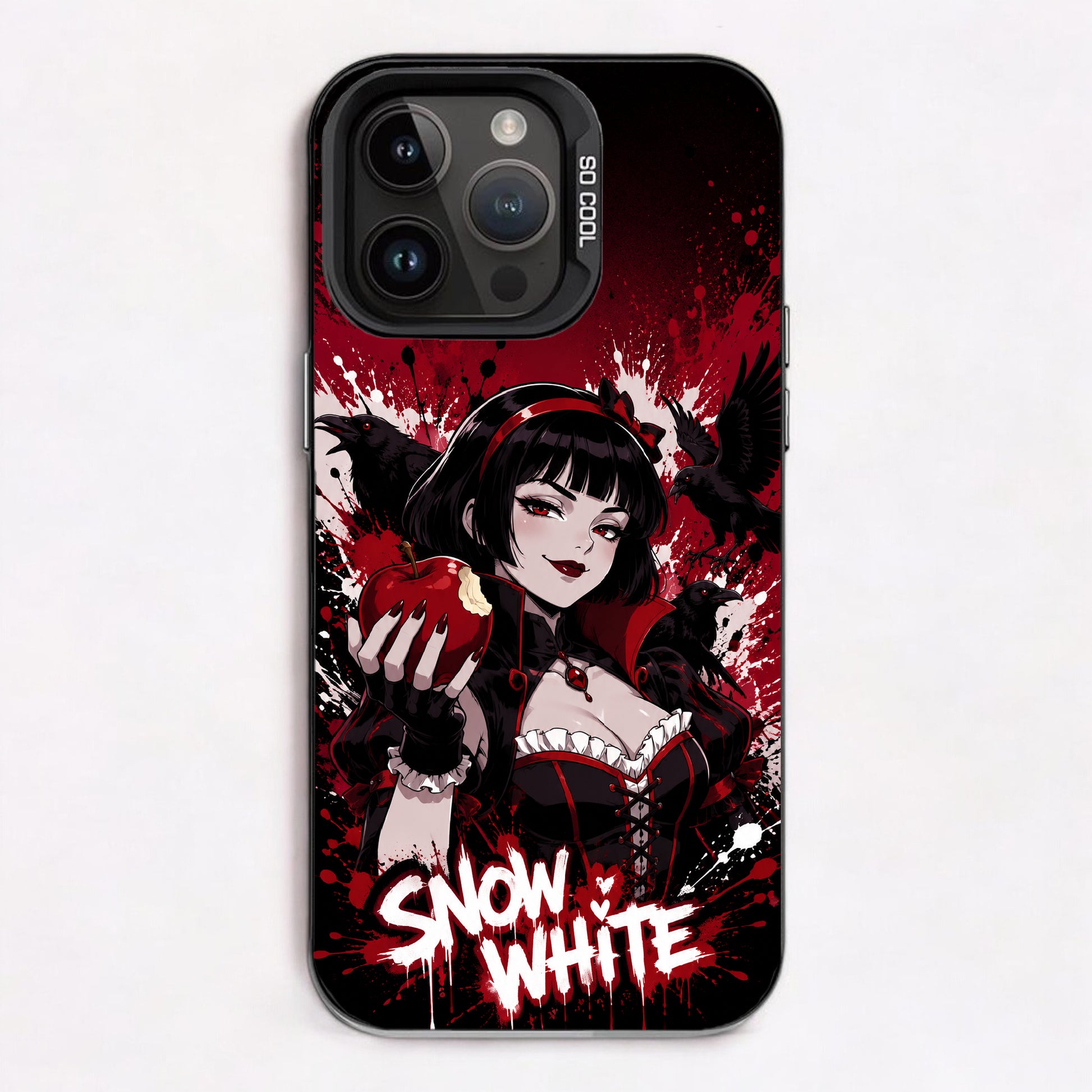 Dark, gothic Snow White holding a bitten apple with ravens and blood splatters in the background.