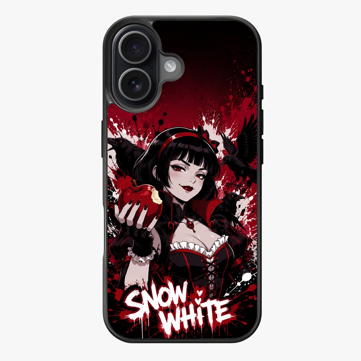 Dark, gothic Snow White holding a bitten apple with ravens and blood splatters in the background.