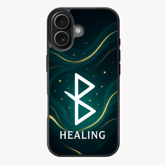 Stylized white triangle with 'HEALING' text on a dark background with gold waves and glowing dots.