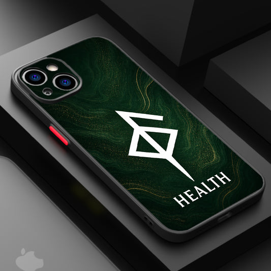 Stylized white geometric symbol on dark green background with swirling gold accents