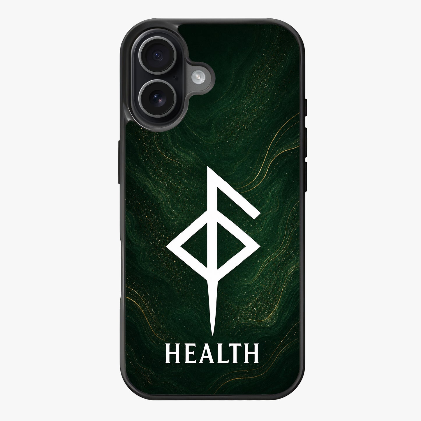 Stylized white geometric symbol on dark green background with swirling gold accents
