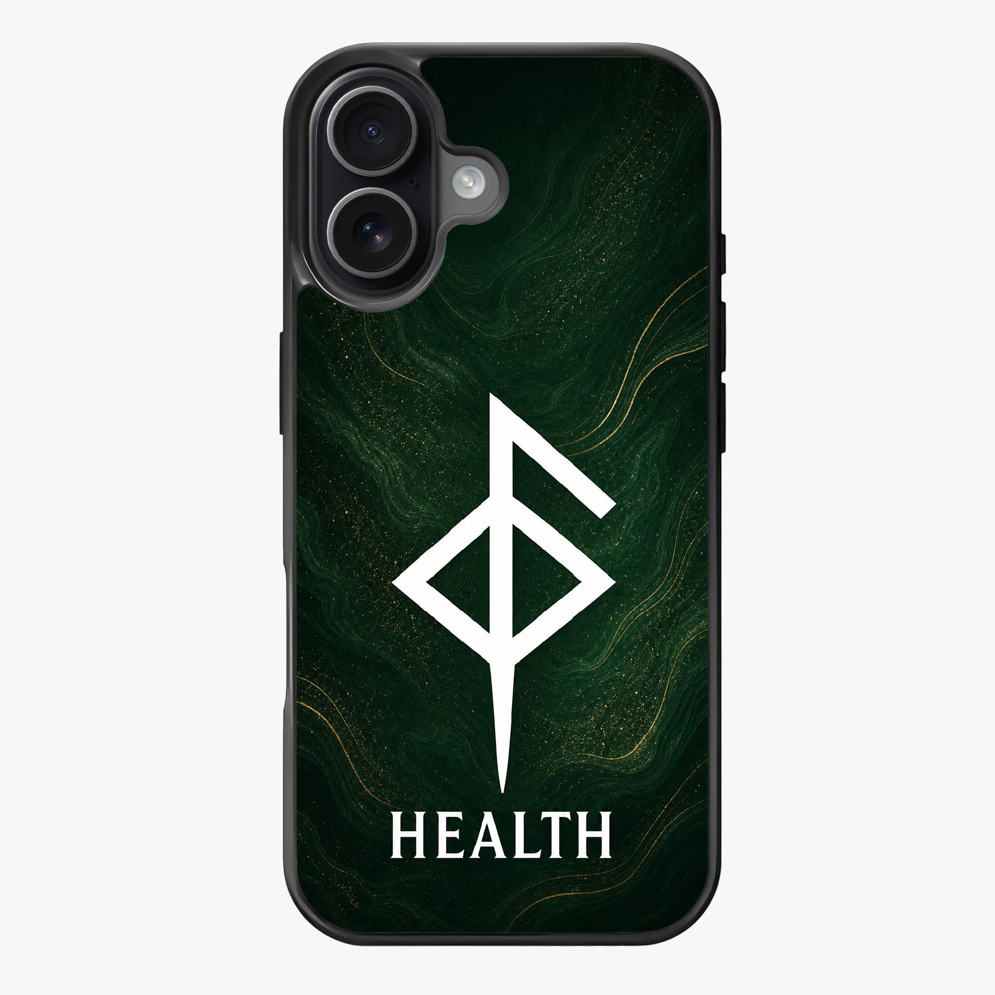 Stylized white geometric symbol on dark green background with swirling gold accents