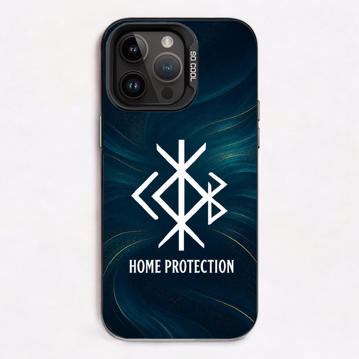 Geometric white design on dark blue background with golden swirls. Home protection art.