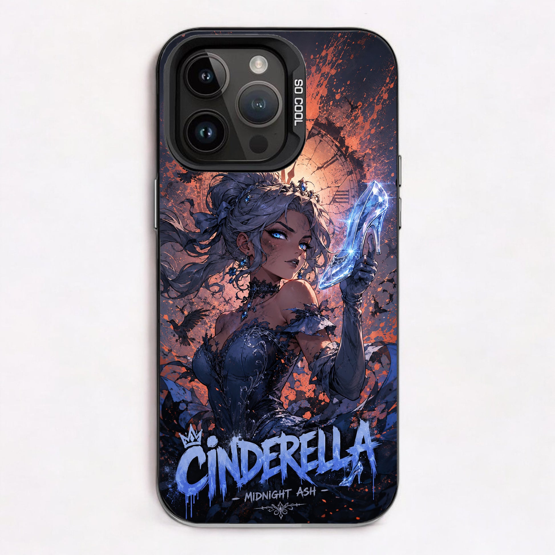 Dark Cinderella holding a glass slipper, dramatic clock, flying crows, gothic art style.