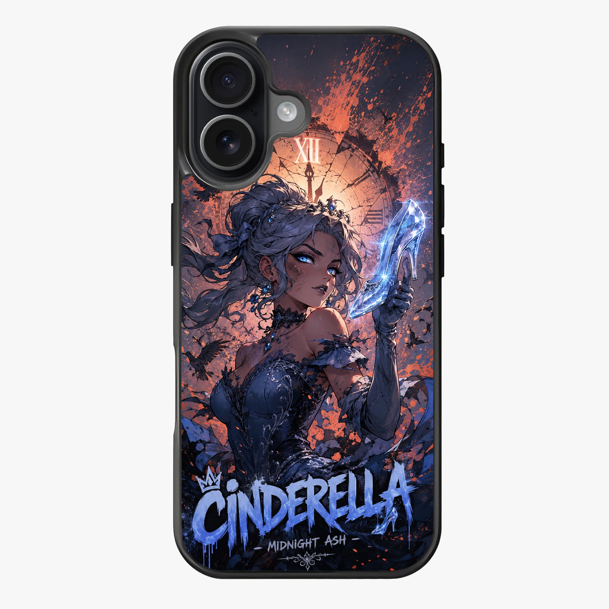 Dark Cinderella holding a glass slipper, dramatic clock, flying crows, gothic art style.