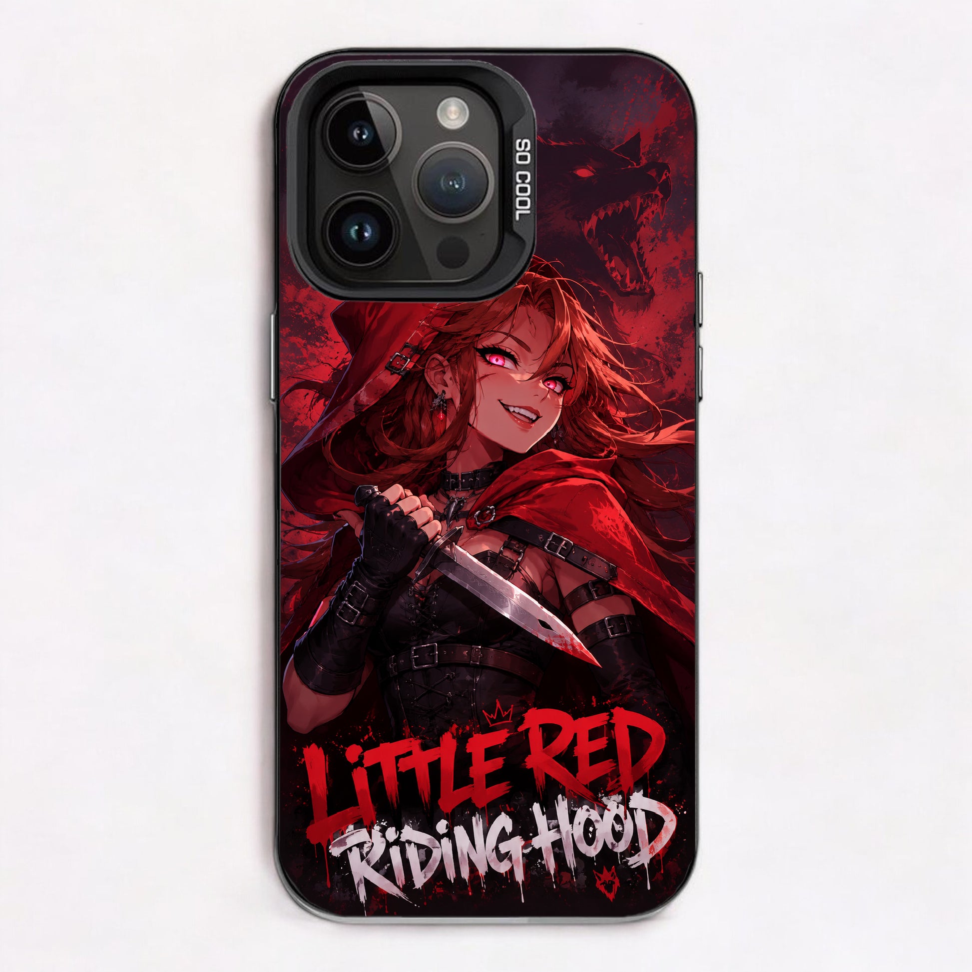 Stylized Little Red Riding Hood with wolf and knife in dark red tones.