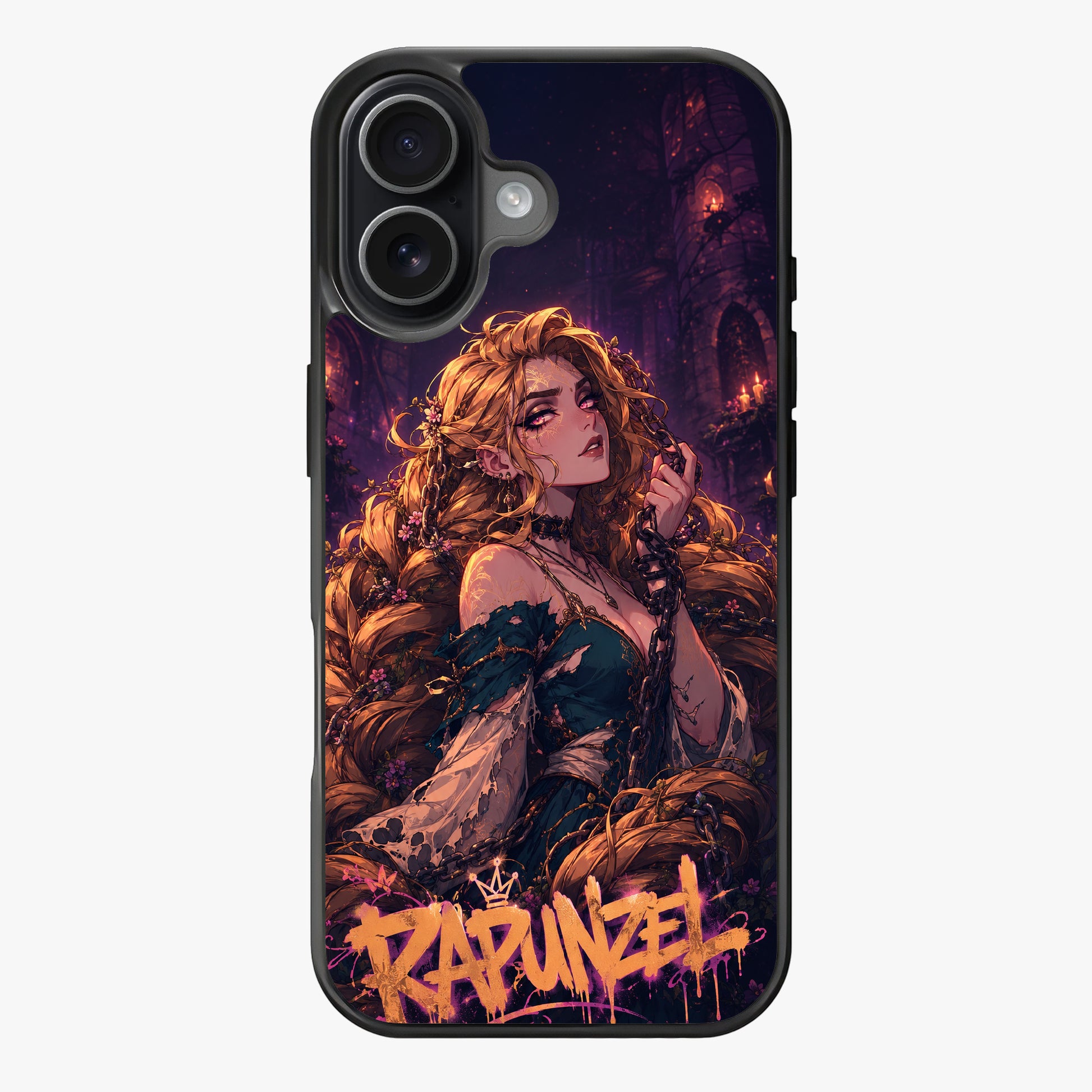 A detailed illustration of Rapunzel with golden hair, chains, and flowers, set against a dark, gothic background.