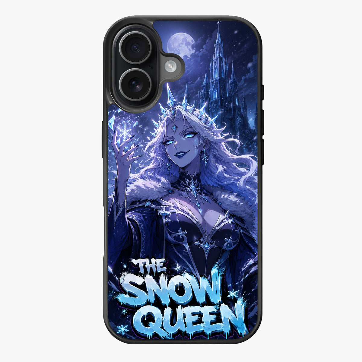 A regal snow queen with ice-themed attire and a snowy castle backdrop under a full moon.