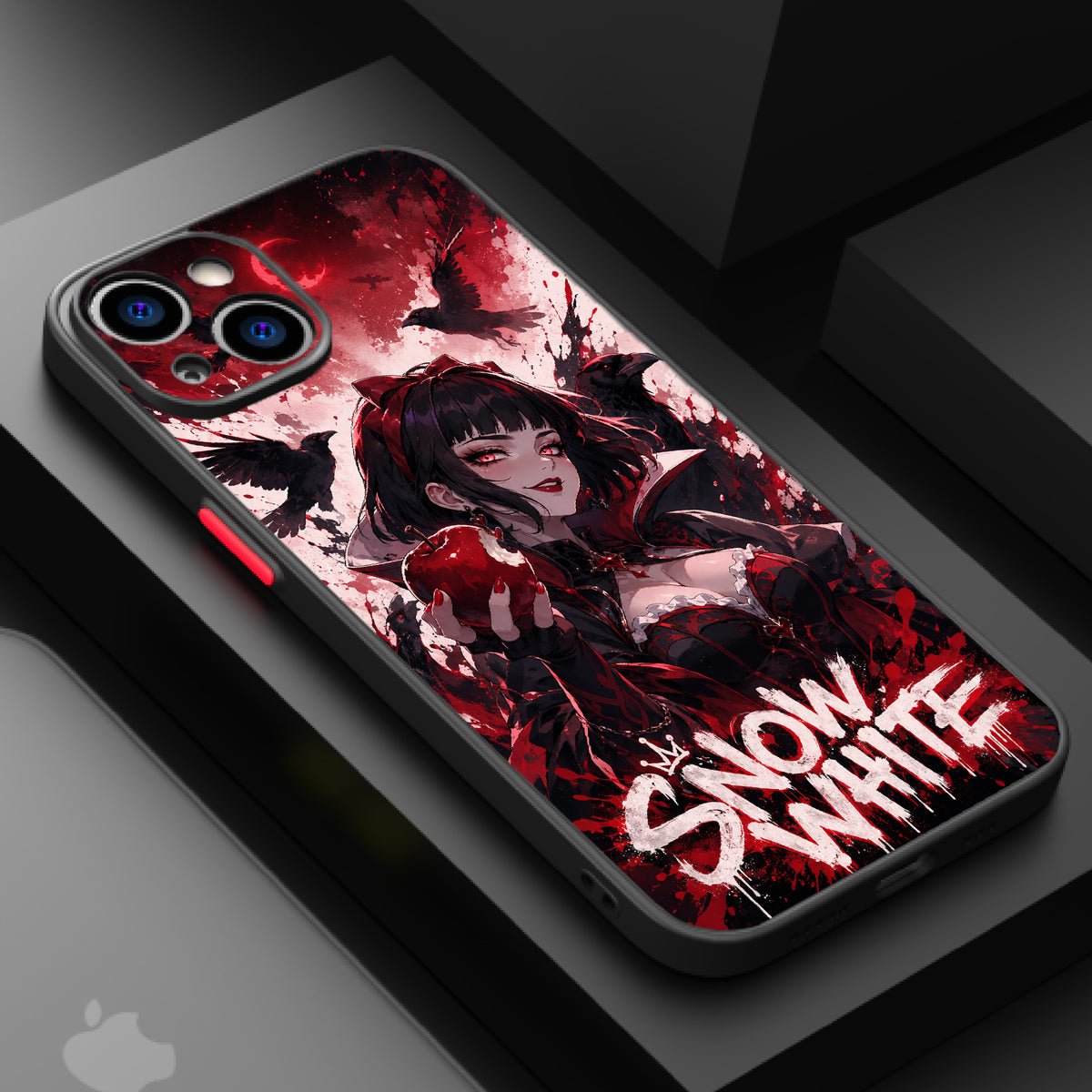 A dark, gothic Snow White holding a red apple, surrounded by crows, with a red moon and blood-splattered background.