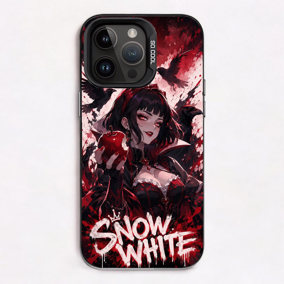 A dark, gothic Snow White holding a red apple, surrounded by crows, with a red moon and blood-splattered background.