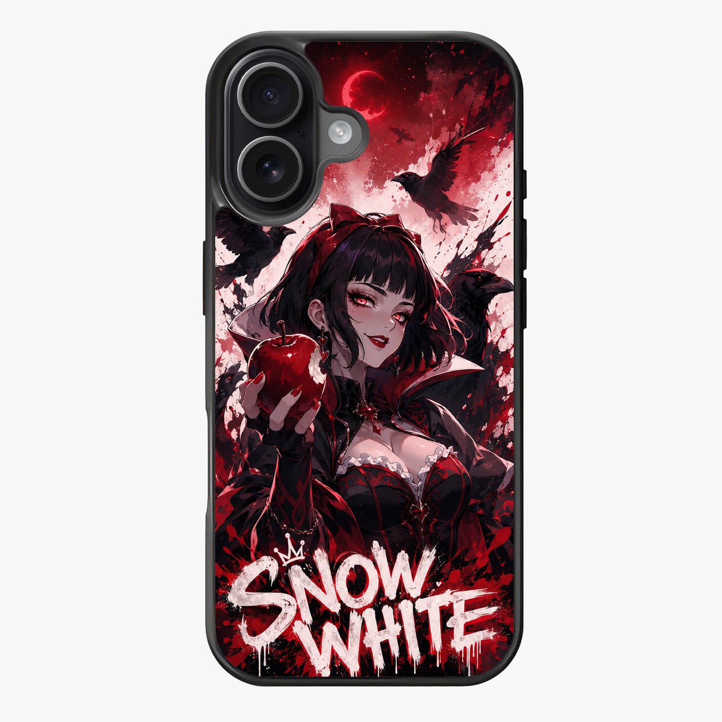 A dark, gothic Snow White holding a red apple, surrounded by crows, with a red moon and blood-splattered background.