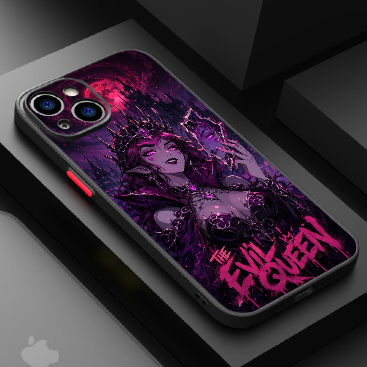 Dark queen in thorny regalia with a blood-red moon and castle in the background.