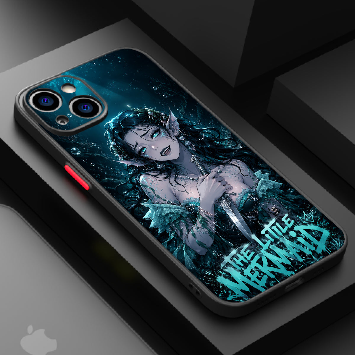 Mermaid with pearls and leaves, underwater scene, bubbles, sword, blue tones, fantasy art.