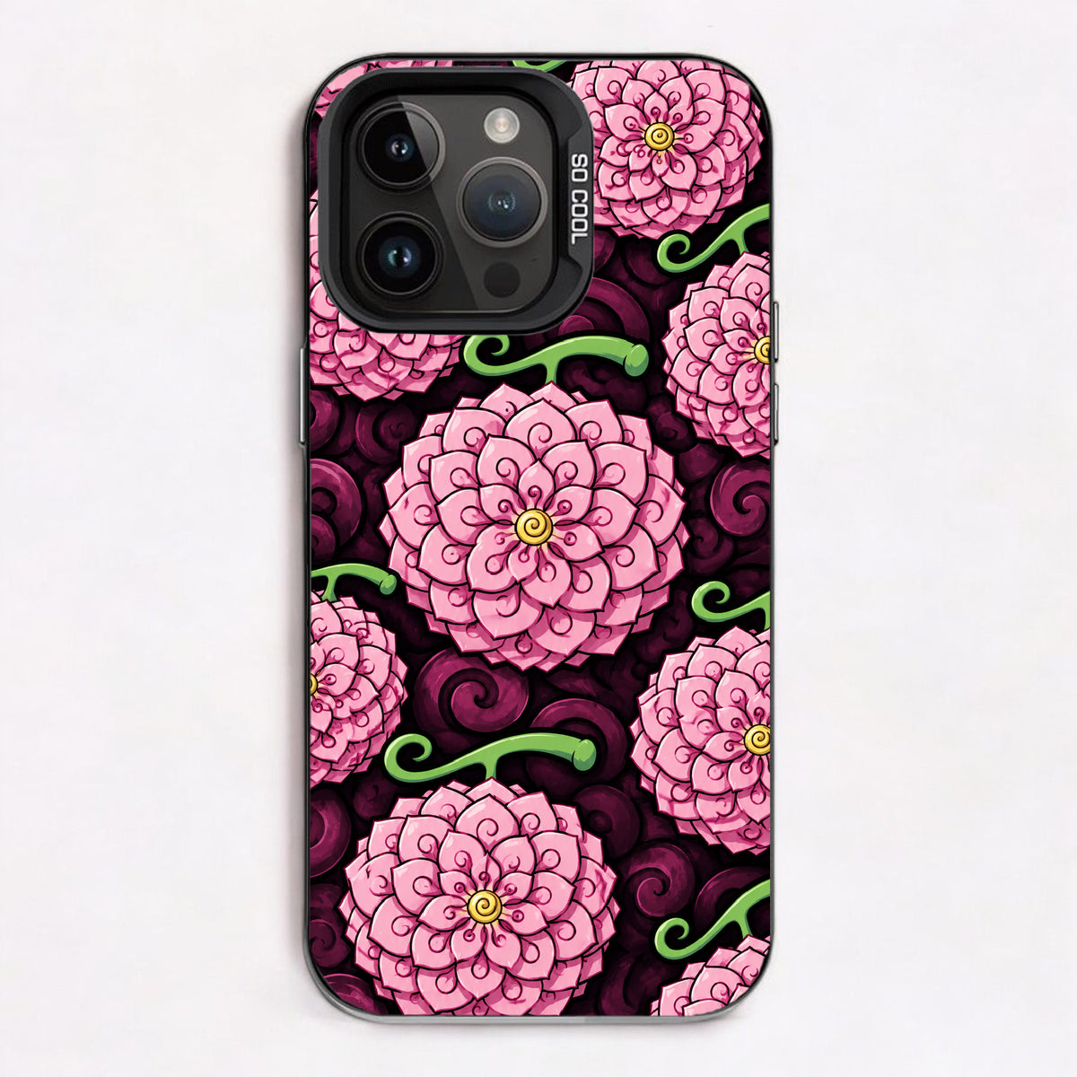 Whimsical pink flowers with yellow centers and green tendrils on a dark background.
