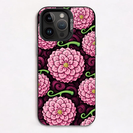 Whimsical pink flowers with yellow centers and green tendrils on a dark background.