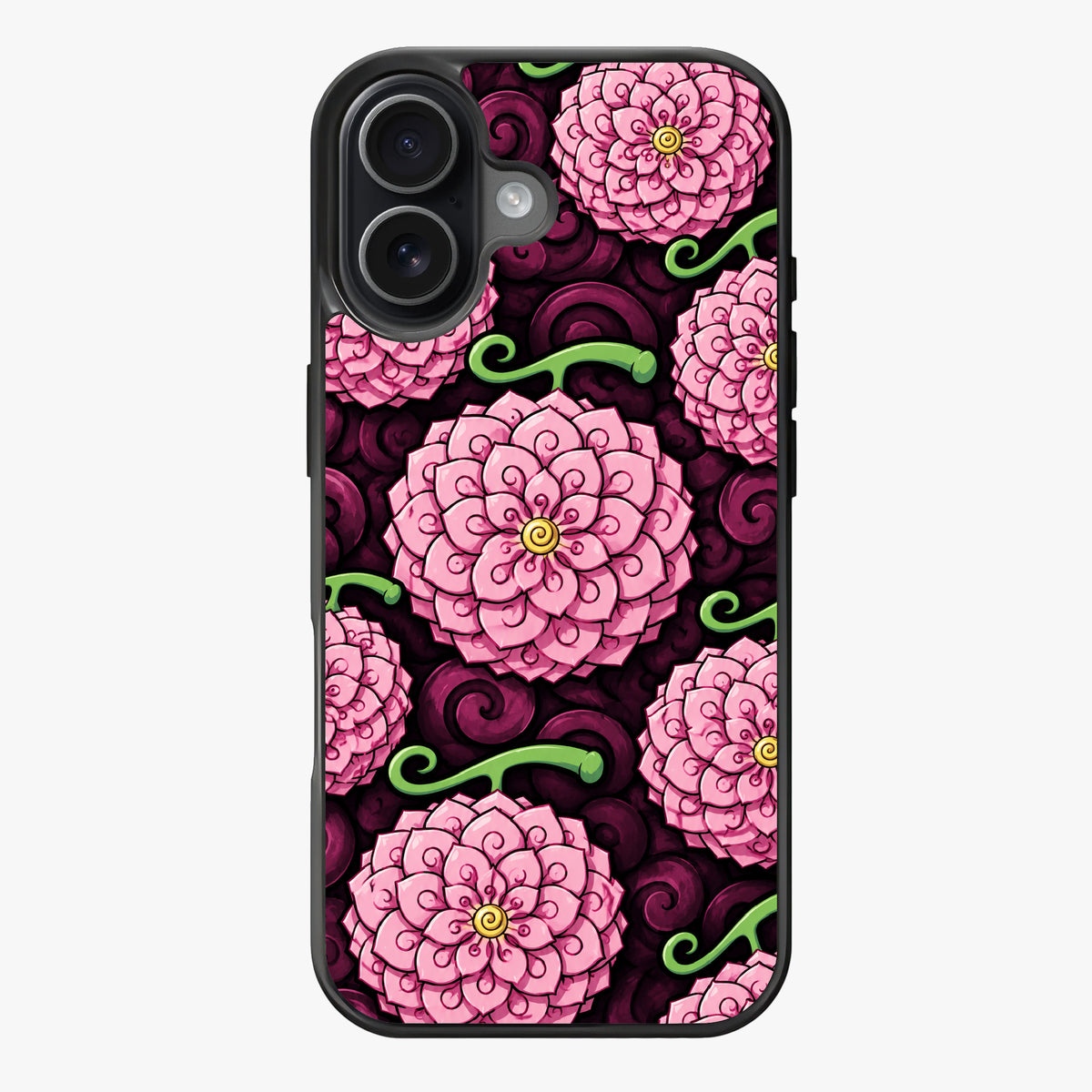 Whimsical pink flowers with yellow centers and green tendrils on a dark background.