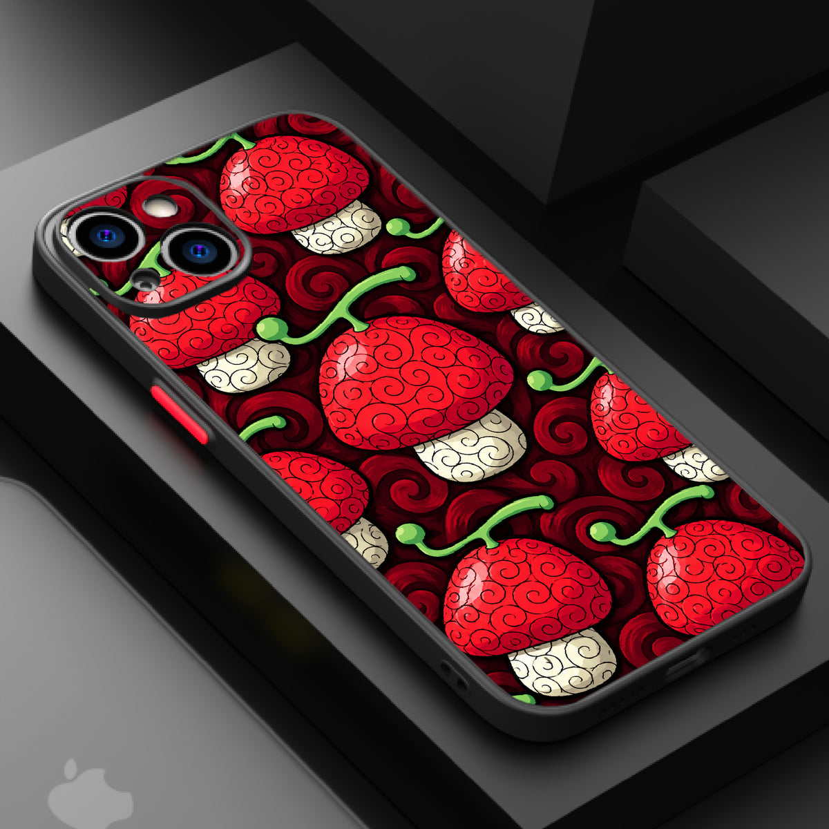 Repeating pattern of red mushrooms with white caps and green stems on a dark red background with swirling patterns.