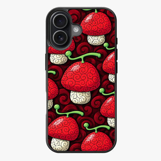 Repeating pattern of red mushrooms with white caps and green stems on a dark red background with swirling patterns.