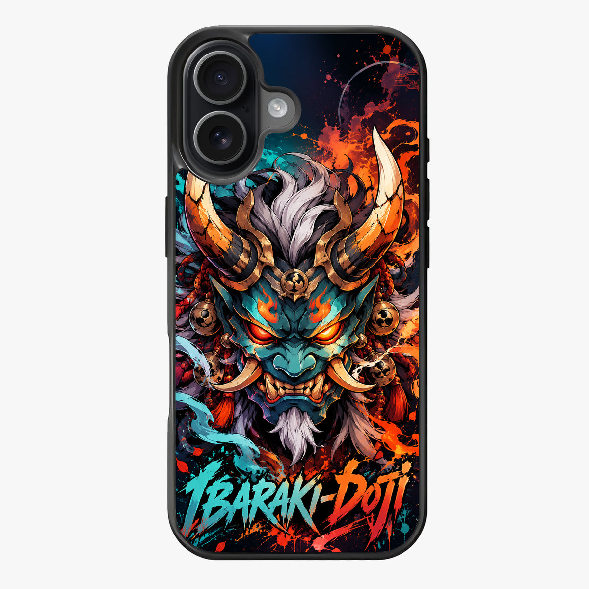 Fierce demonic warrior with horns and fiery expression against a dynamic background of splashes and flames.